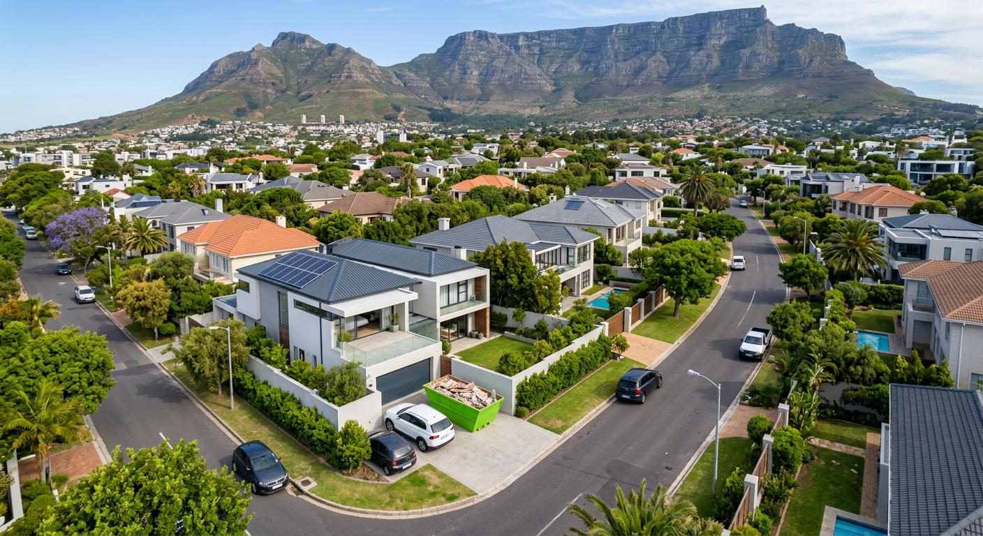 Builders Skip Hire - aerial view of Cape Town suburb with skip bin on residential driveway | Skip Hire Cape Town