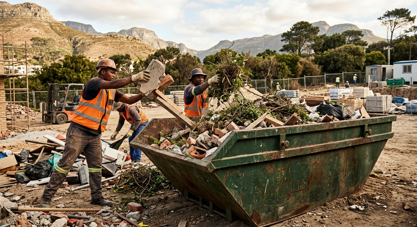 Builders Skip Hire - workers sorting garden refuse and rubble into skip bin in Cape Town | Skip Hire Cape Town