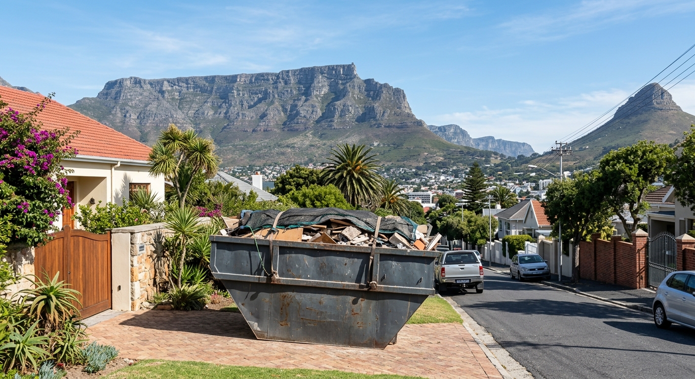 Contact Skip Hire - large skip bin in Cape Town driveway with Table Mountain backdrop | Skip Hire Cape Town