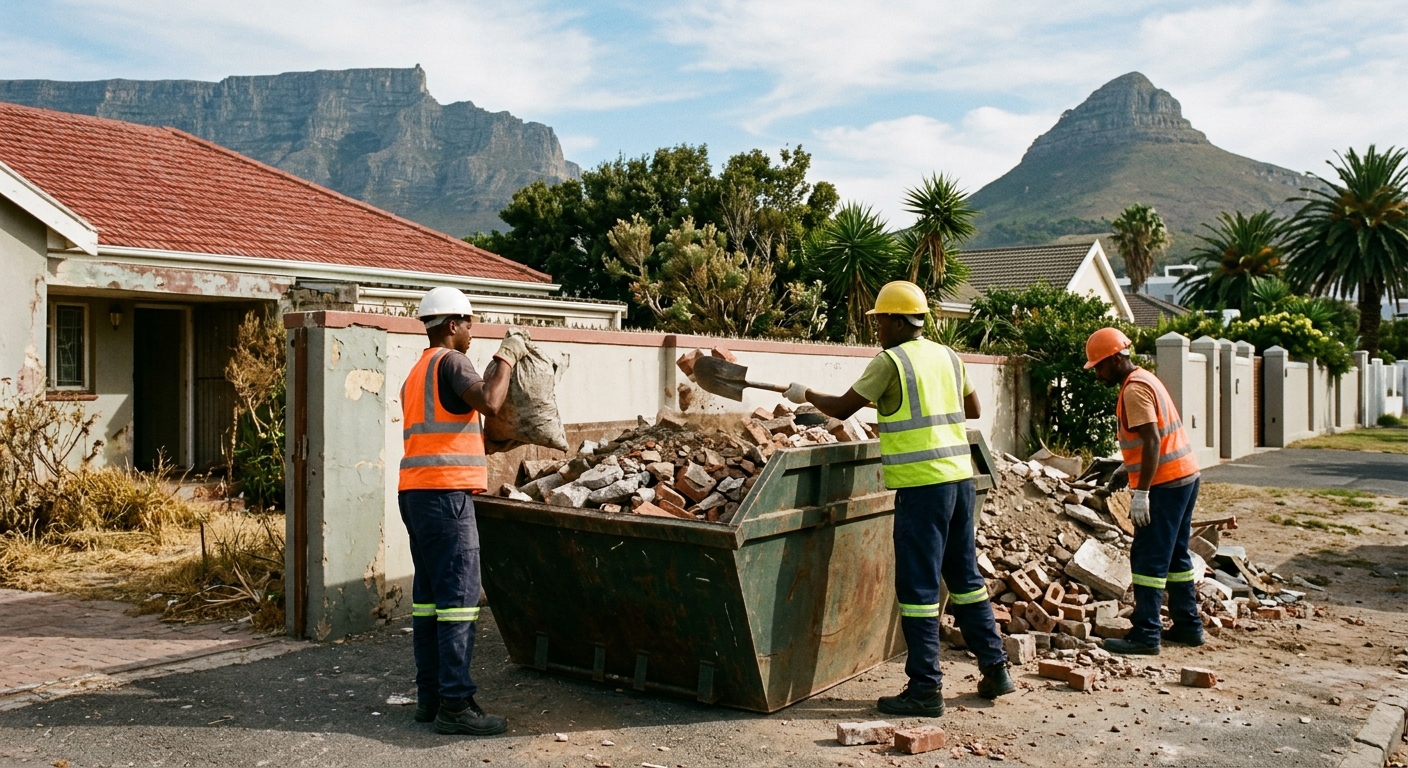 Contact Skip Hire - workers loading skip bin with rubble and waste in Cape Town | Skip Hire Cape Town