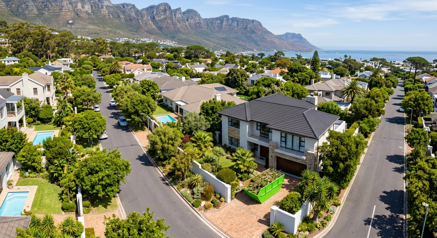 Garden Refuse Removal - aerial view of Cape Town suburb with skip bin on residential driveway | Skip Hire Cape Town