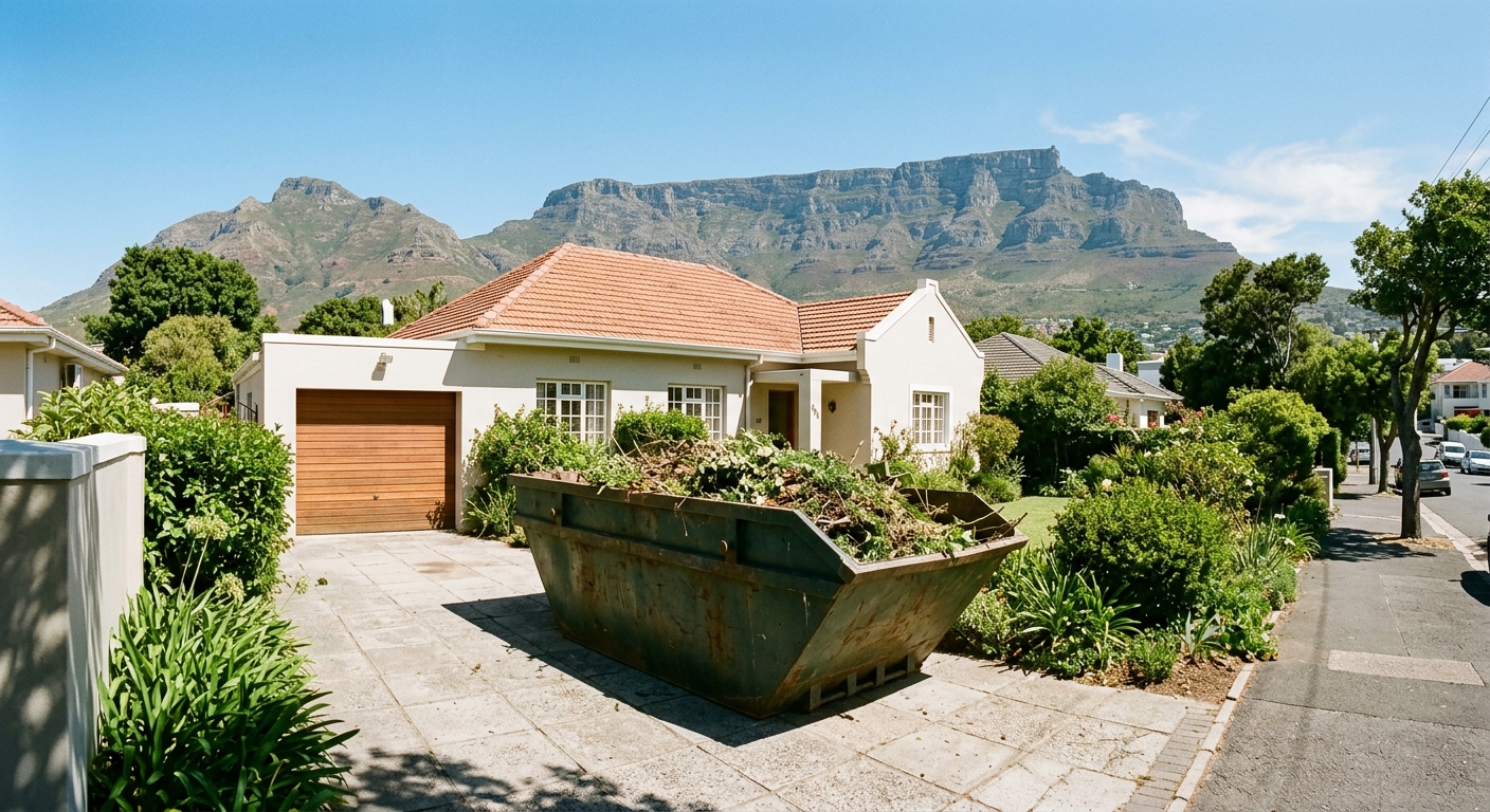 Garden Refuse Removal - large skip bin in Cape Town driveway with Table Mountain backdrop | Skip Hire Cape Town