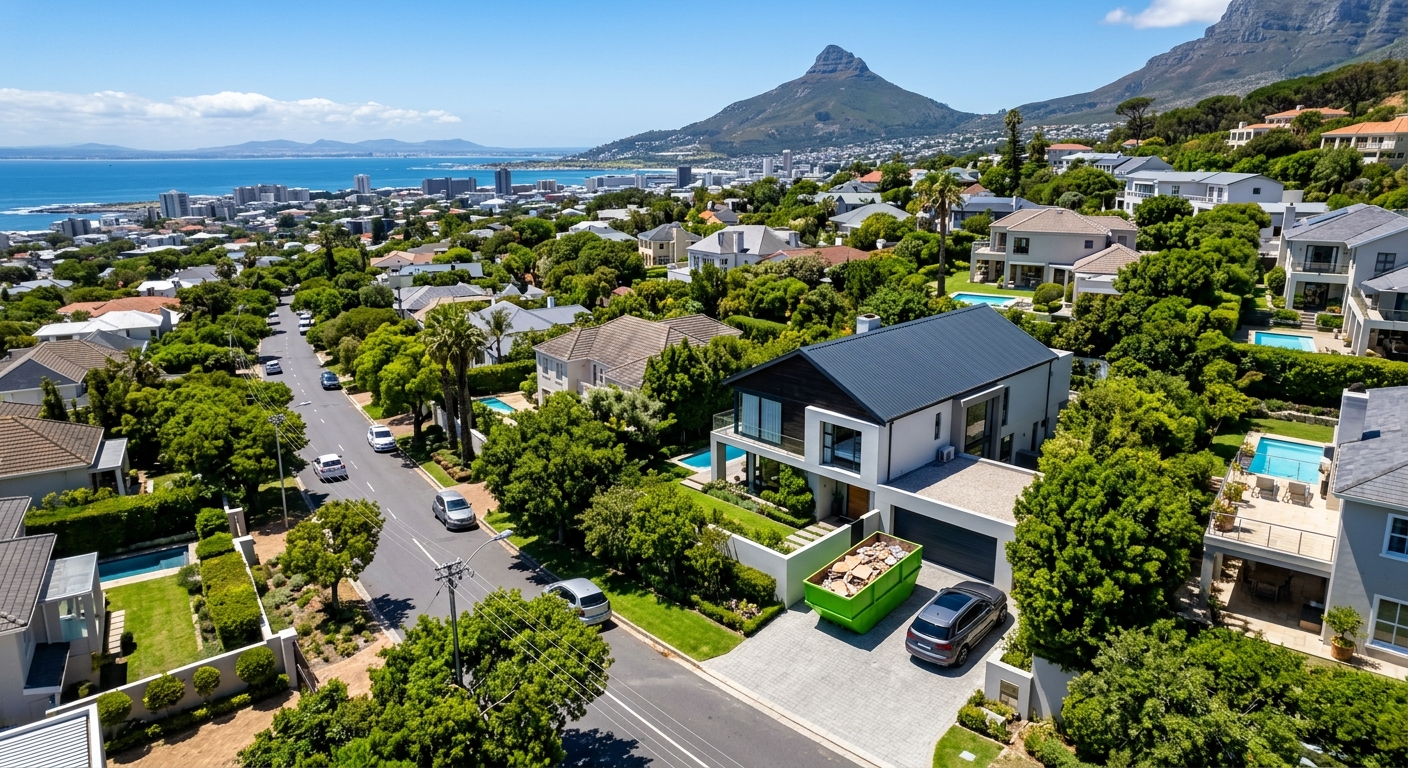Skip Hire - aerial view of Cape Town suburb with skip bin on residential driveway | Skip Hire Cape Town