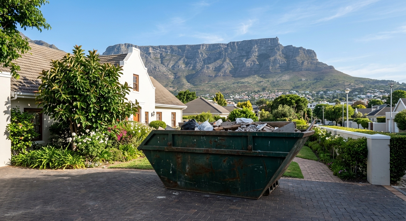 Skip Hire - large skip bin in Cape Town driveway with Table Mountain backdrop | Skip Hire Cape Town