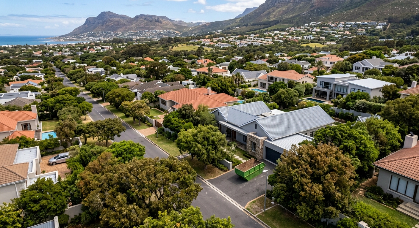 How Much Does a Skip Bin Cost in - aerial view of Cape Town suburb with skip bin on residential driveway | Skip Hire Cape Tow