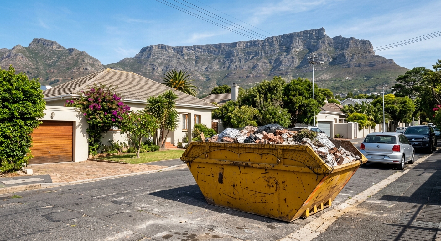 How Much Does a Skip Bin Cost in - large skip bin in Cape Town driveway with Table Mountain backdrop | Skip Hire Cape Town