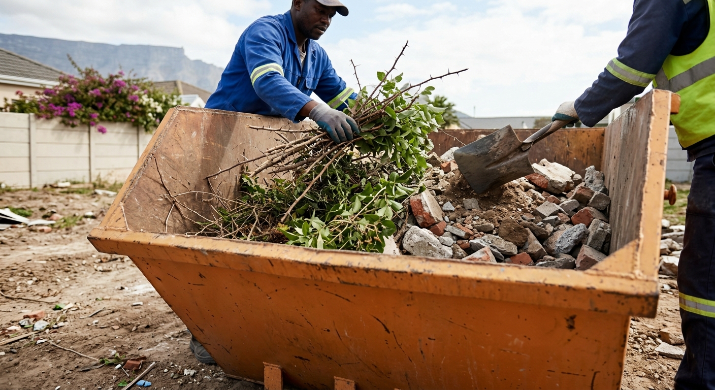 How Much Does a Skip Bin Cost in - workers sorting garden refuse and rubble into skip bin in Cape Town | Skip Hire Cape Town