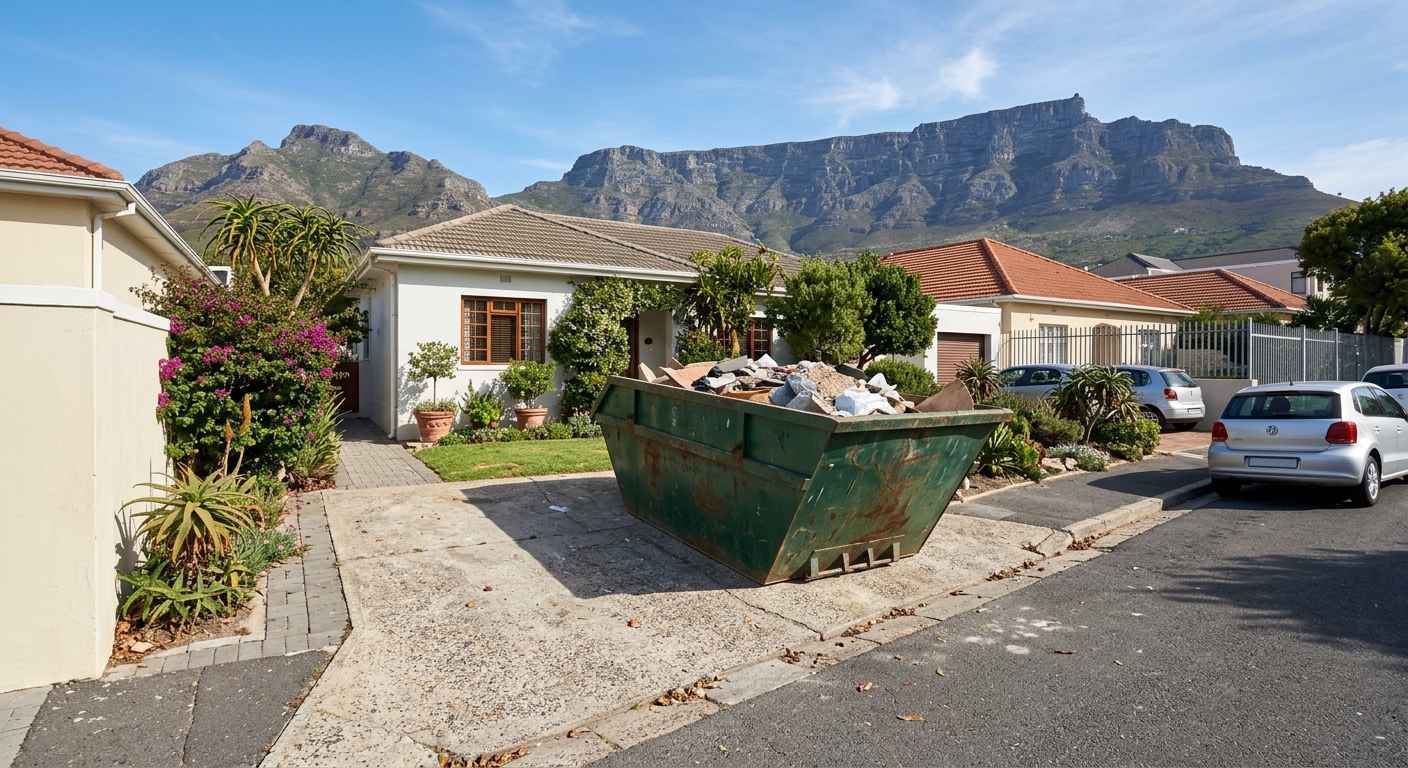 Mini Skip Hire - large skip bin in Cape Town driveway with Table Mountain backdrop | Skip Hire Cape Town