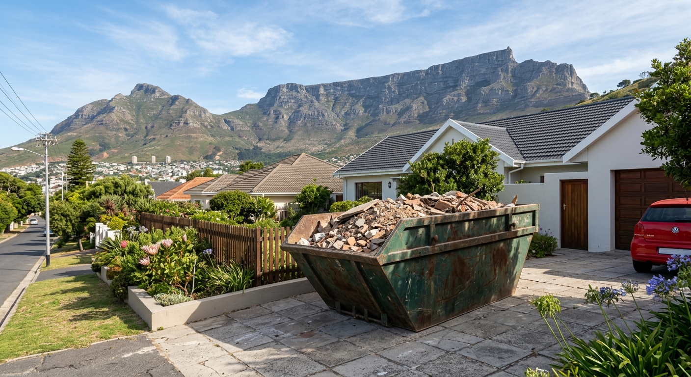 Skip bin filled with builders rubble in Durbanville driveway ready for collection | Skip Hire Cape Town