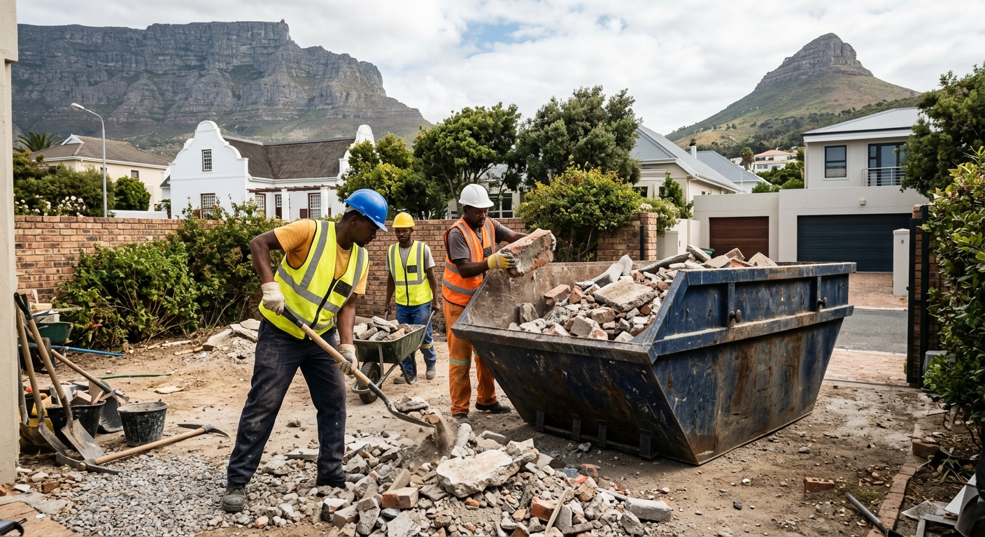 Rubble Removal - workers loading skip bin with rubble and waste in Cape Town | Skip Hire Cape Town