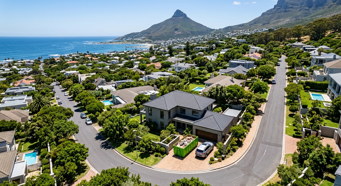 Same Day Skip Hire - aerial view of Cape Town suburb with skip bin on residential driveway | Skip Hire Cape Town