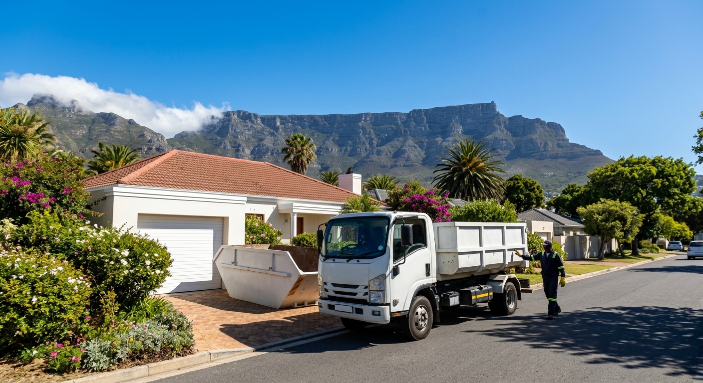 Same Day Skip Hire - skip bin delivery truck arriving at Cape Town property | Skip Hire Cape Town