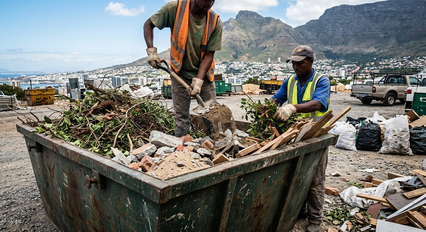 Same Day Skip Hire - workers sorting garden refuse and rubble into skip bin in Cape Town | Skip Hire Cape Town