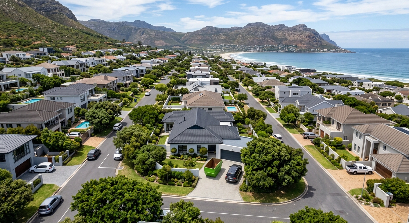 Skip Bin Hire Fish Hoek - aerial view of Fish Hoek suburb with skip bin on residential driveway | Skip Hire Cape Town
