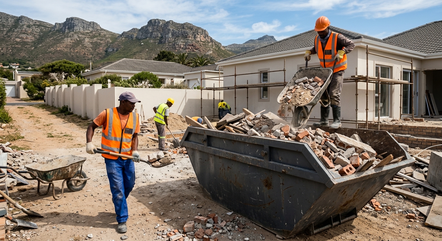 Skip Bin Hire Fish Hoek - workers loading skip bin with rubble and waste in Fish Hoek | Skip Hire Cape Town