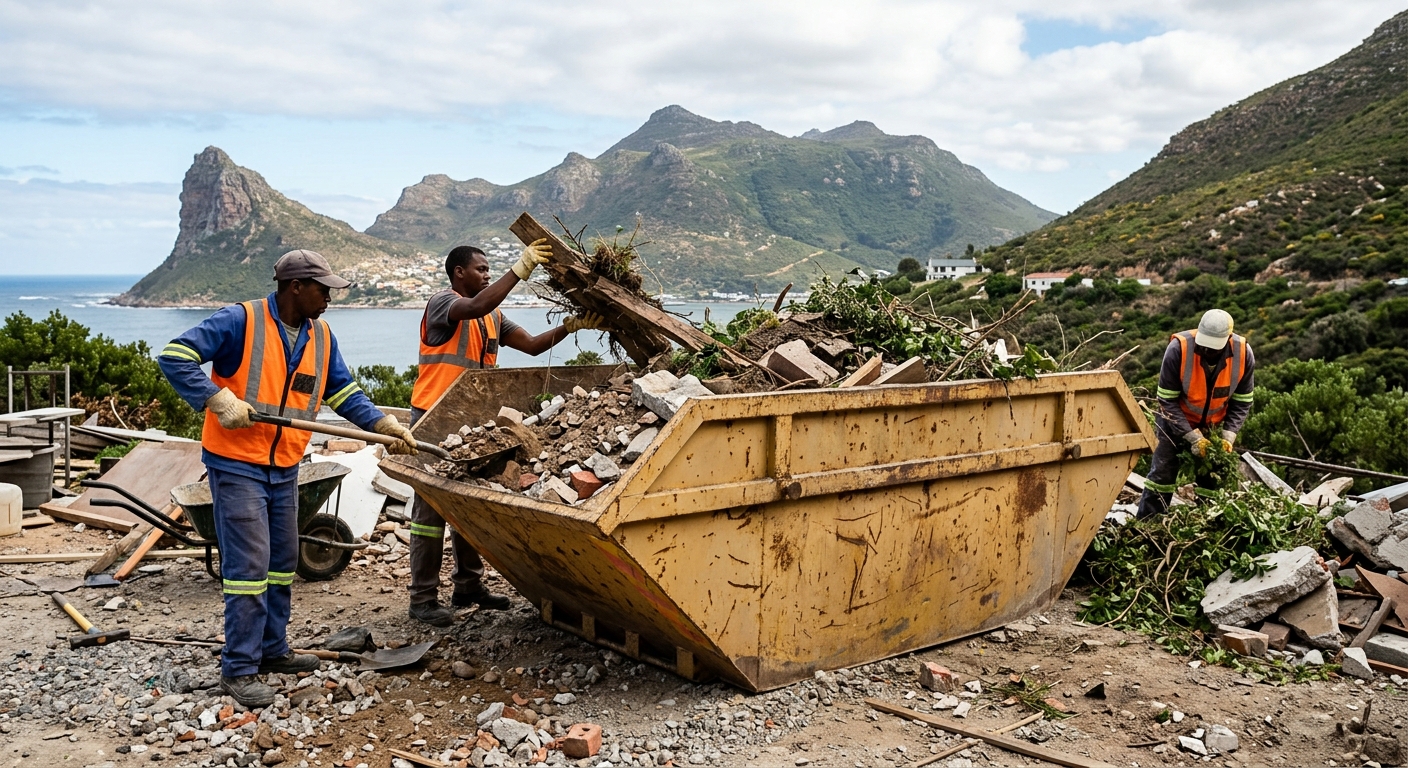 Skip Bin Hire Hout Bay - workers sorting garden refuse and rubble into skip bin in Hout Bay | Skip Hire Cape Town