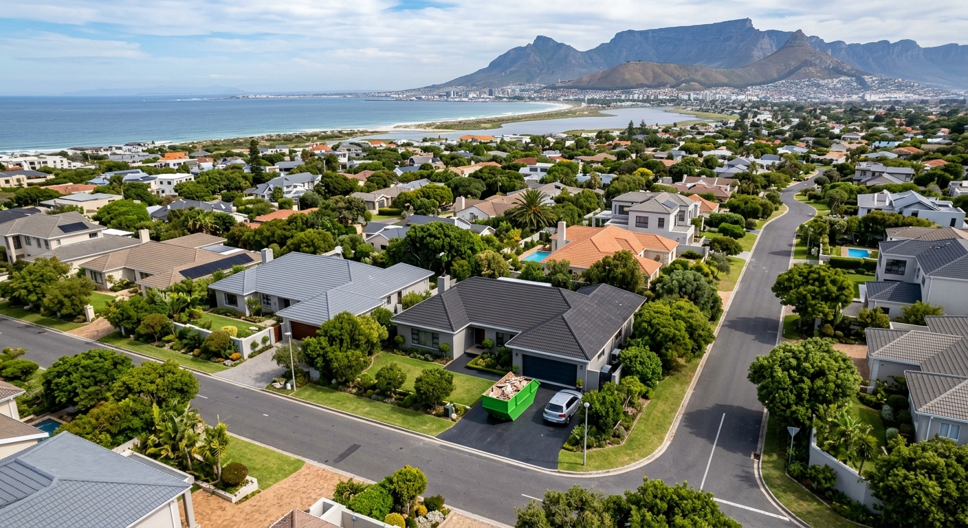 Skip Bin Hire Milnerton - aerial view of Milnerton suburb with skip bin on residential driveway | Skip Hire Cape Town