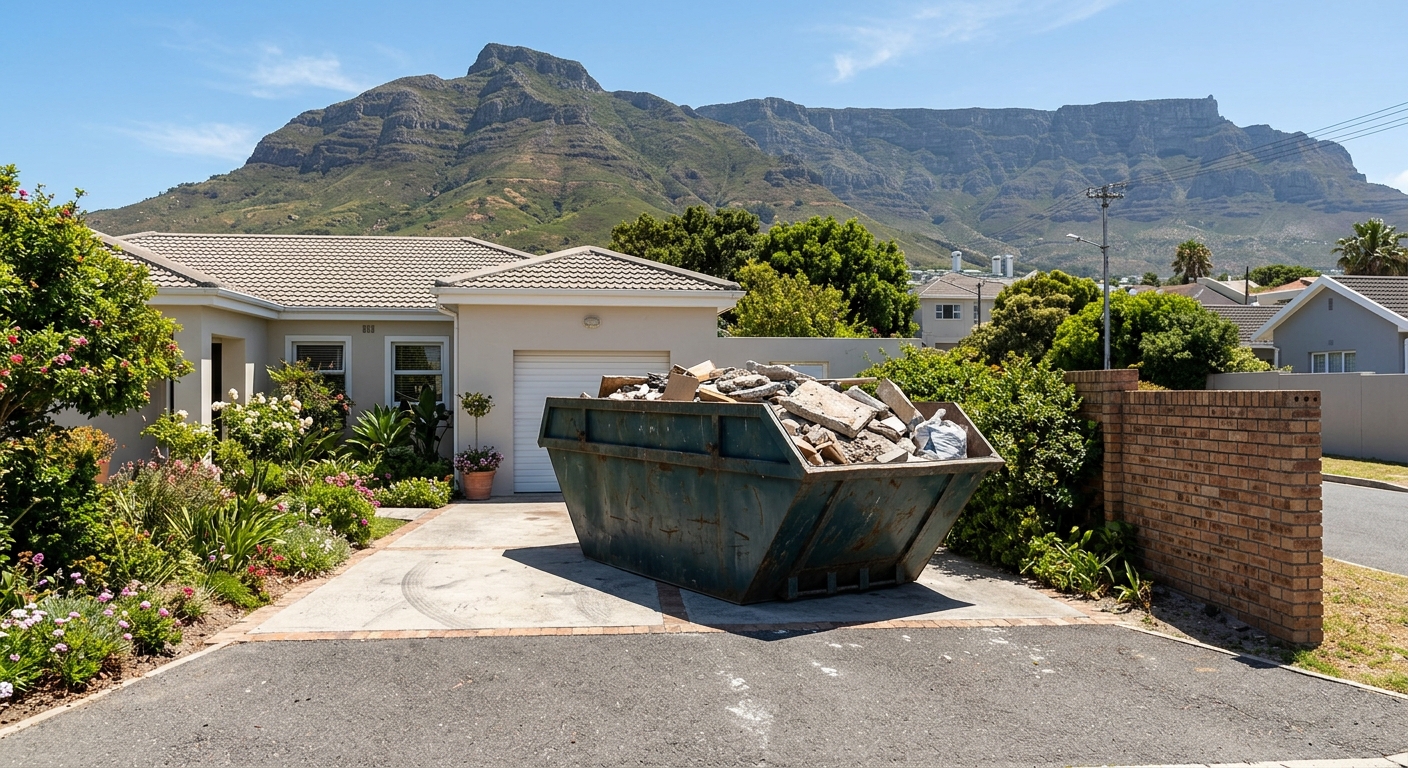 Skip Bin Hire Milnerton - large skip bin in Milnerton driveway with Table Mountain backdrop | Skip Hire Cape Town