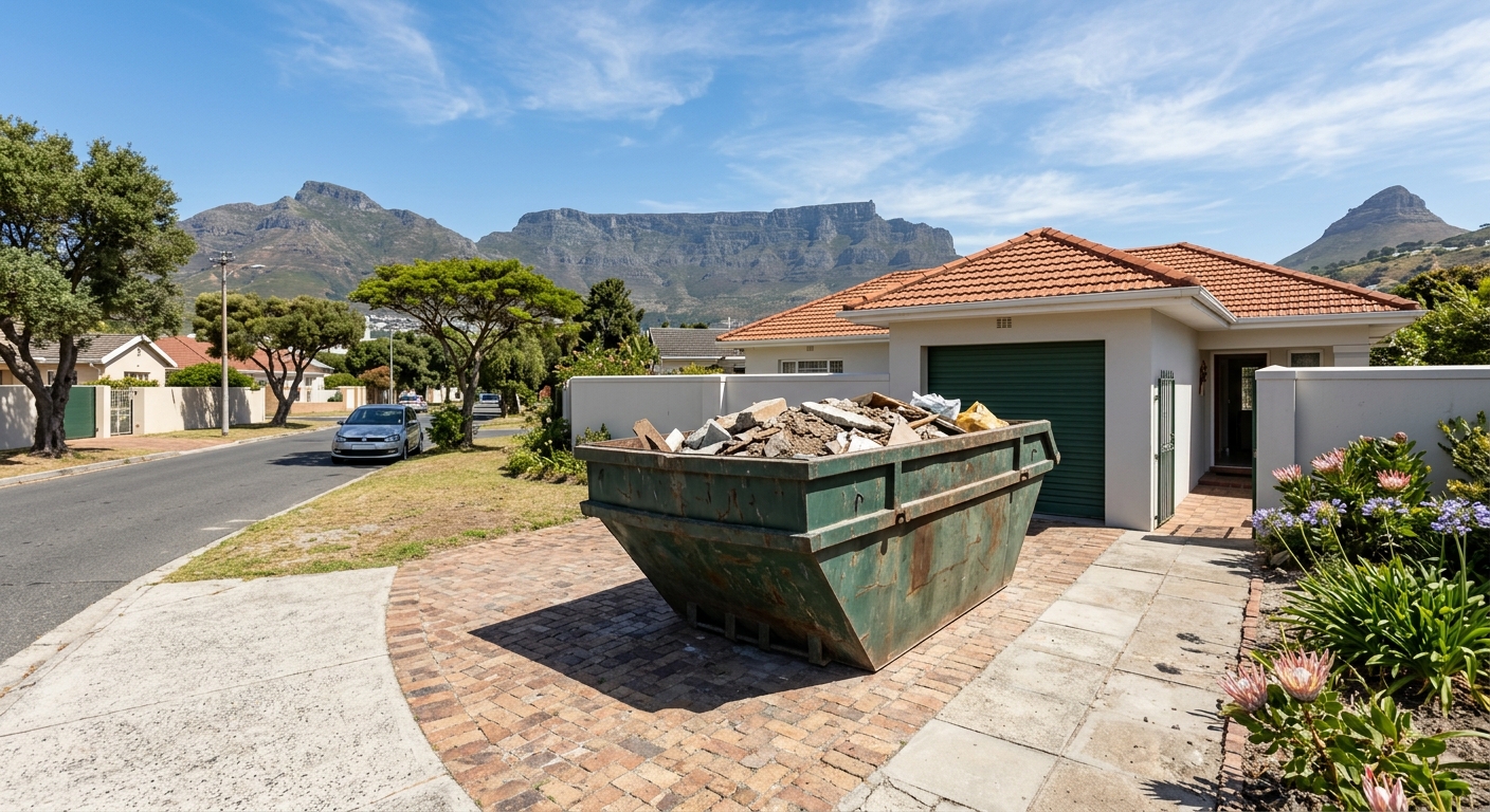 Skip Hire Athlone - large skip bin in Athlone driveway with Table Mountain backdrop | Skip Hire Cape Town