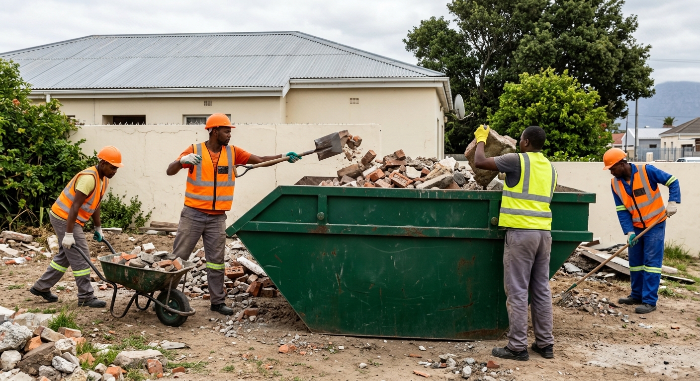 Skip Hire Athlone - workers loading skip bin with rubble and waste in Athlone | Skip Hire Cape Town