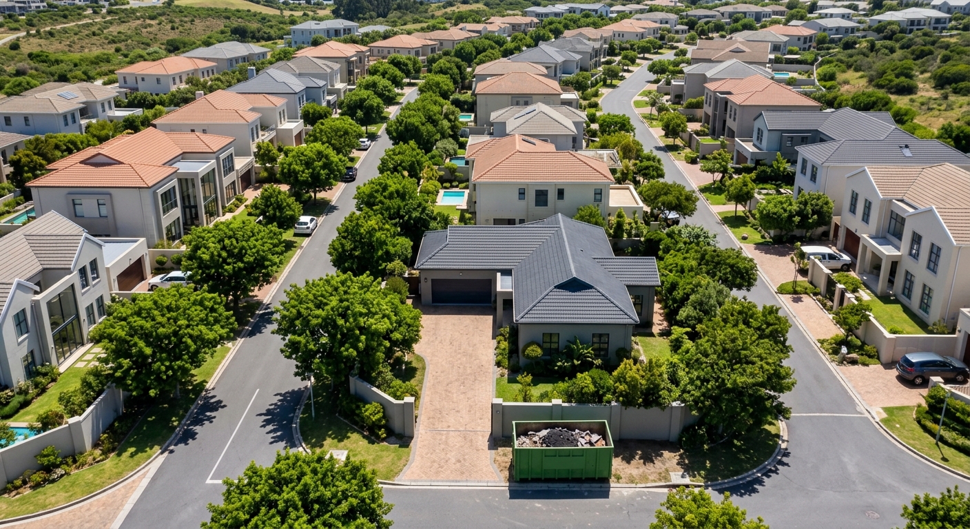 Skip Hire Bellville - aerial view of Bellville suburb with skip bin on residential driveway | Skip Hire Cape Town