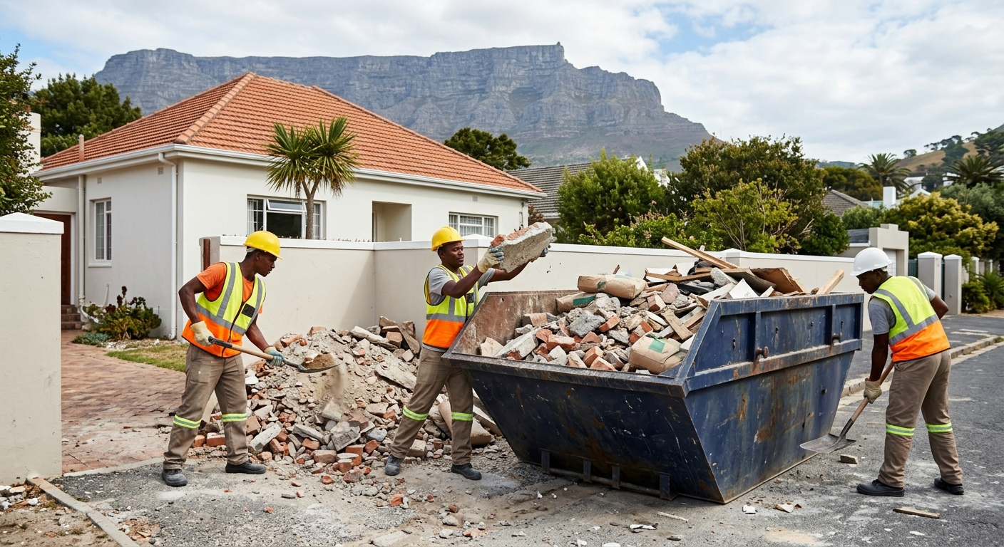 Skip Hire Bellville - workers loading skip bin with rubble and waste in Bellville | Skip Hire Cape Town