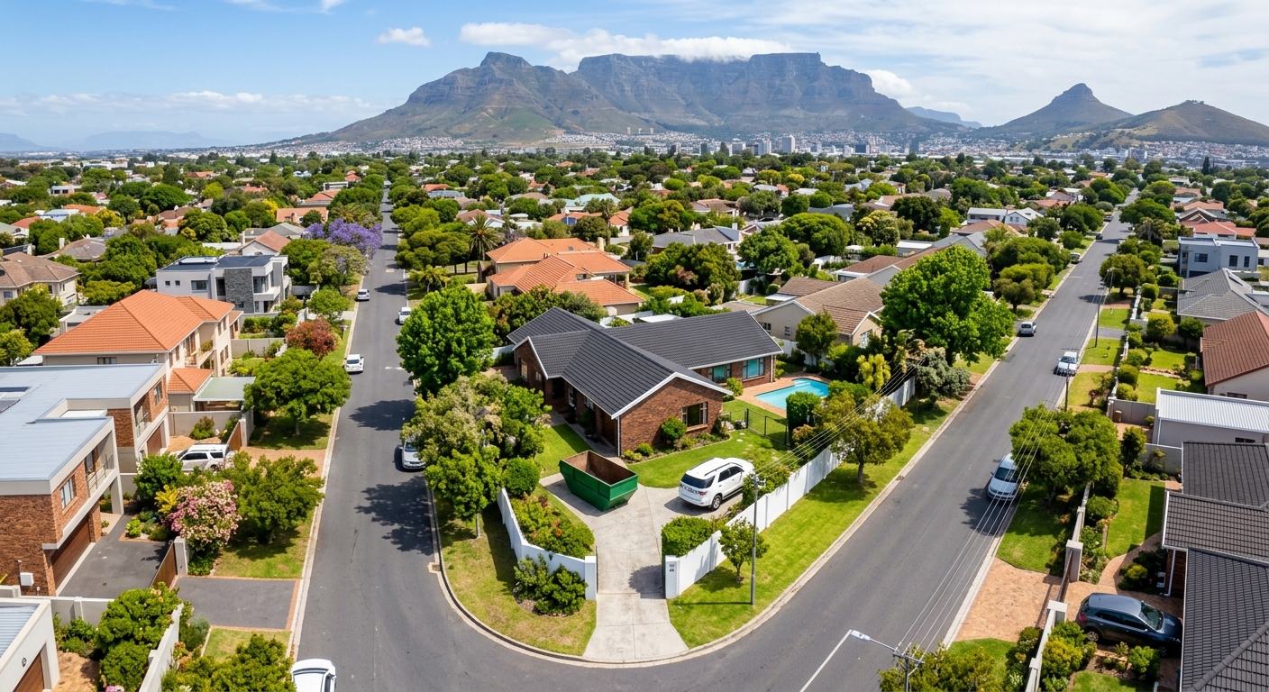 Skip Hire Bothasig - aerial view of Bothasig suburb with skip bin on residential driveway | Skip Hire Cape Town