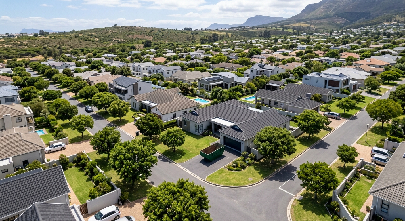 Skip Hire Brackenfell - aerial view of Brackenfell suburb with skip bin on residential driveway | Skip Hire Cape Town