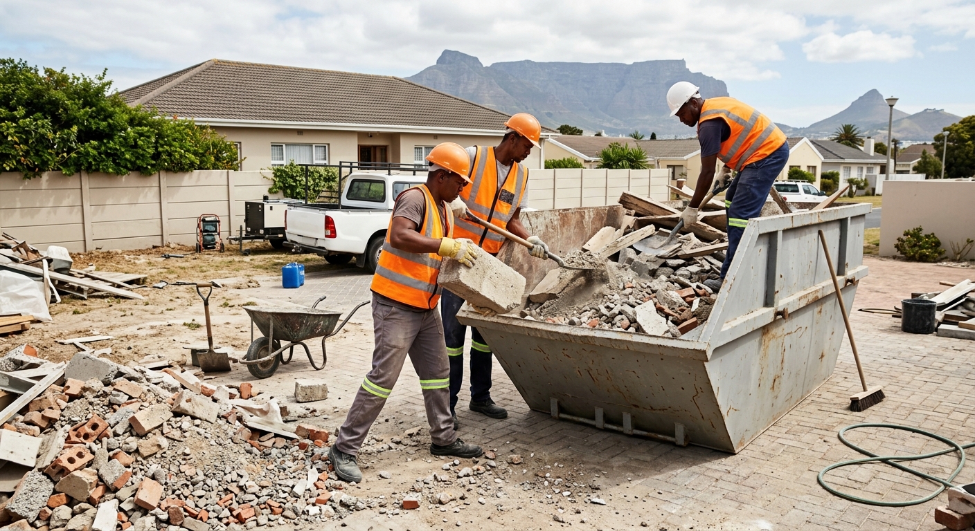 Skip Hire Brackenfell - workers loading skip bin with rubble and waste in Brackenfell | Skip Hire Cape Town