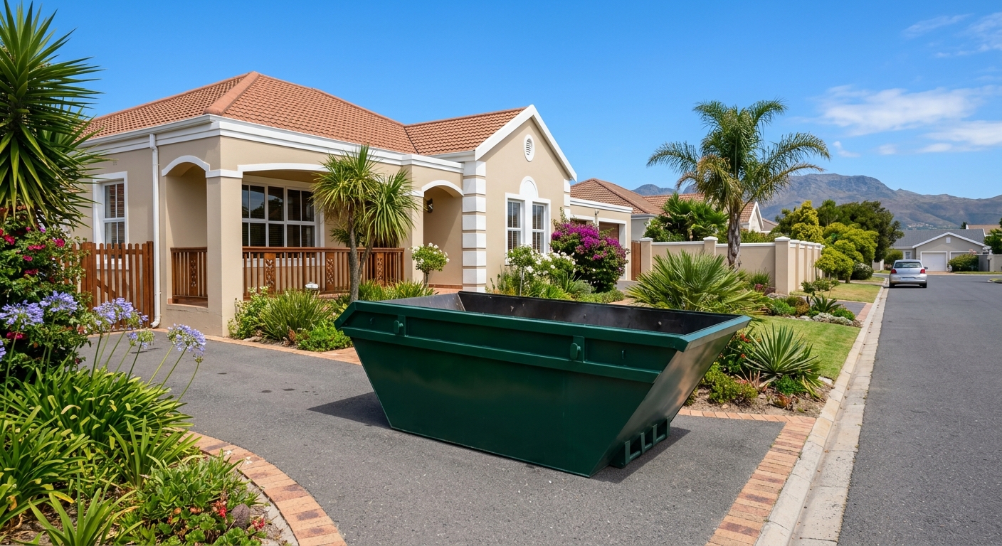 Skip bin being delivered to a residential driveway in Durbanville by a specially equipped trailer | Skip Hire Cape Town