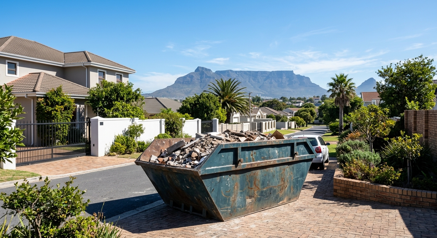 Skip Hire Durbanville - large skip bin in Durbanville driveway with Table Mountain backdrop | Skip Hire Cape Town