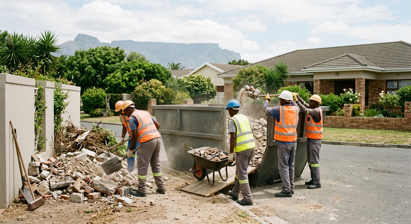 Skip Hire Durbanville - workers loading skip bin with rubble and waste in Durbanville | Skip Hire Cape Town