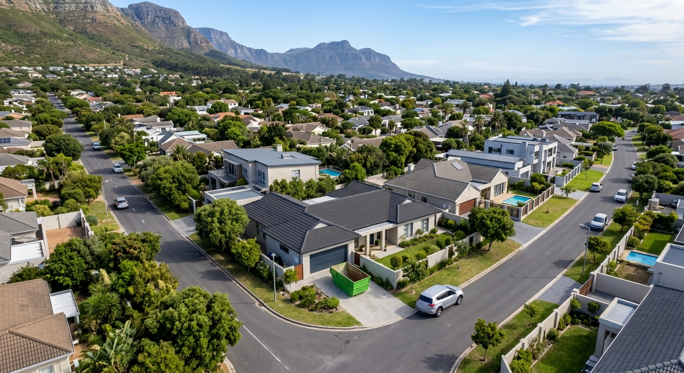 Skip Hire Kraaifontein - aerial view of Kraaifontein suburb with skip bin on residential driveway | Skip Hire Cape Town