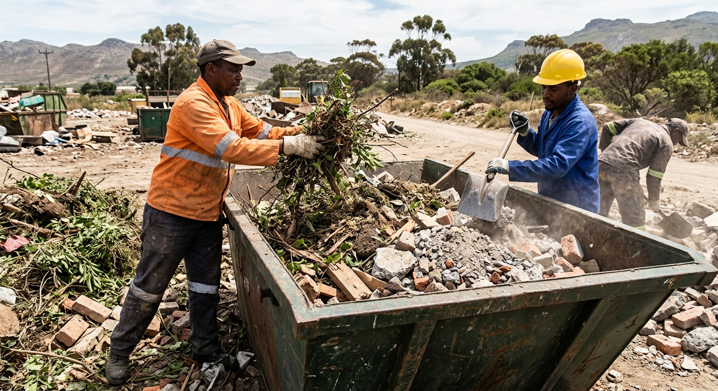 Skip Hire Kraaifontein - workers sorting garden refuse and rubble into skip bin in Kraaifontein | Skip Hire Cape Town