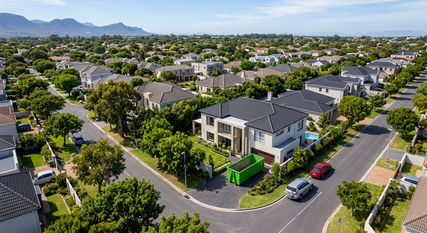 Skip Hire Kuils River - aerial view of Kuils River suburb with skip bin on residential driveway | Skip Hire Cape Town
