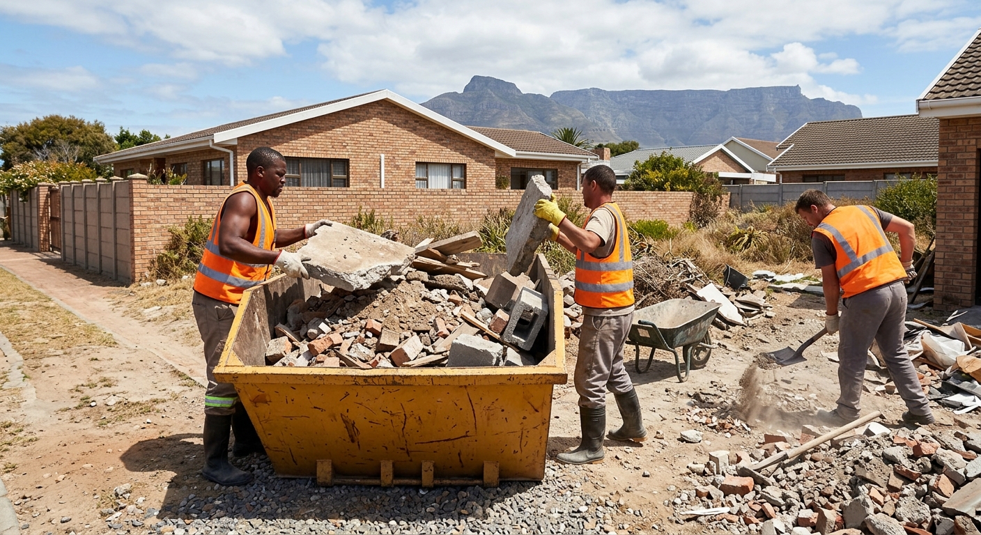 Skip Hire Kuils River - workers loading skip bin with rubble and waste in Kuils River | Skip Hire Cape Town