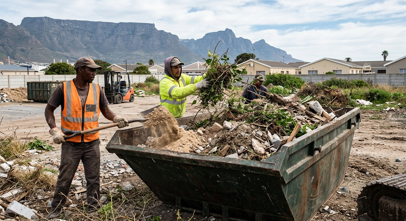 Skip Hire Kuils River - workers sorting garden refuse and rubble into skip bin in Kuils River | Skip Hire Cape Town