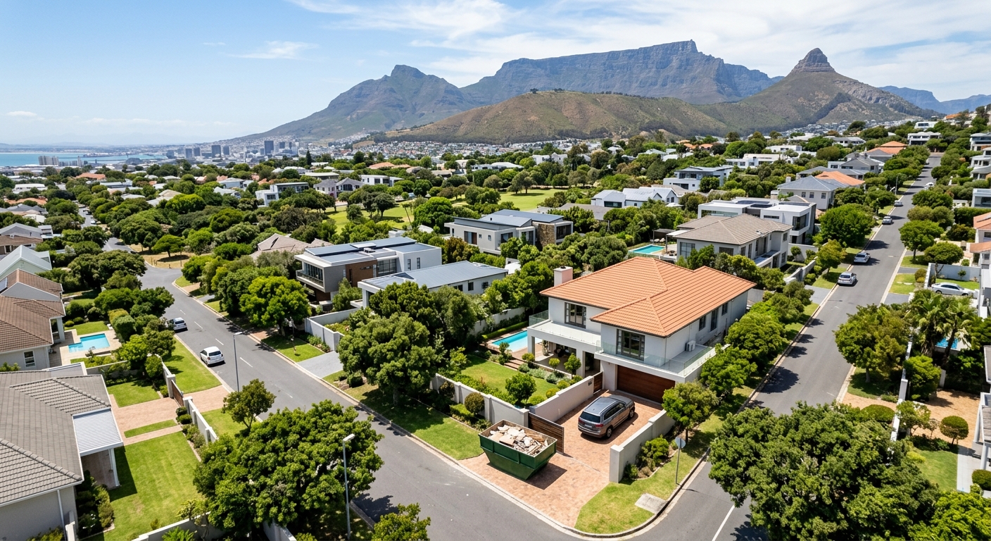 Skip Hire Maitland - aerial view of Maitland suburb with skip bin on residential driveway | Skip Hire Cape Town