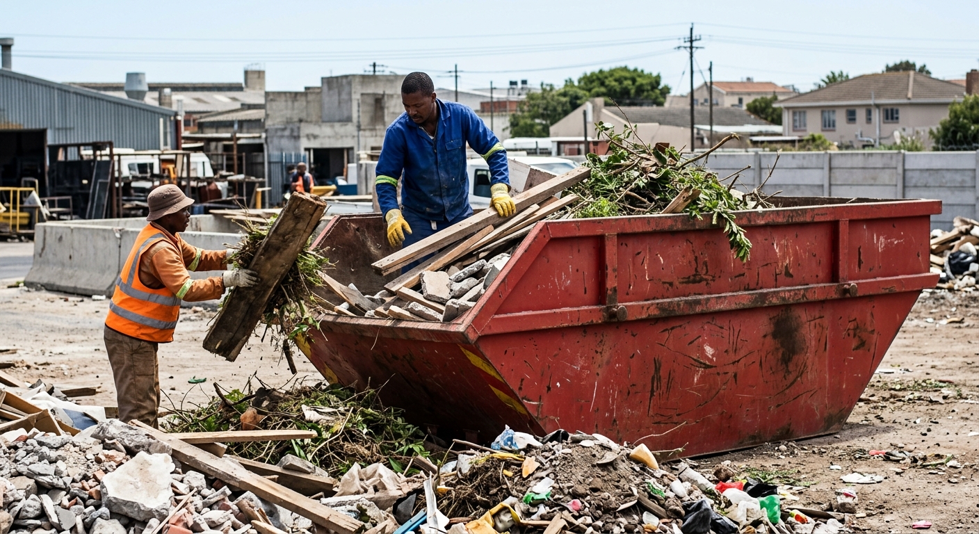 Skip Hire Maitland - workers sorting garden refuse and rubble into skip bin in Maitland | Skip Hire Cape Town