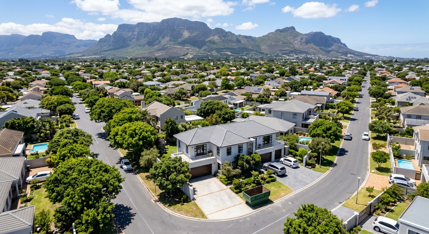 Skip Hire Mitchells Plain - aerial view of Mitchells Plain suburb with skip bin on residential driveway | Skip Hire Cape Town