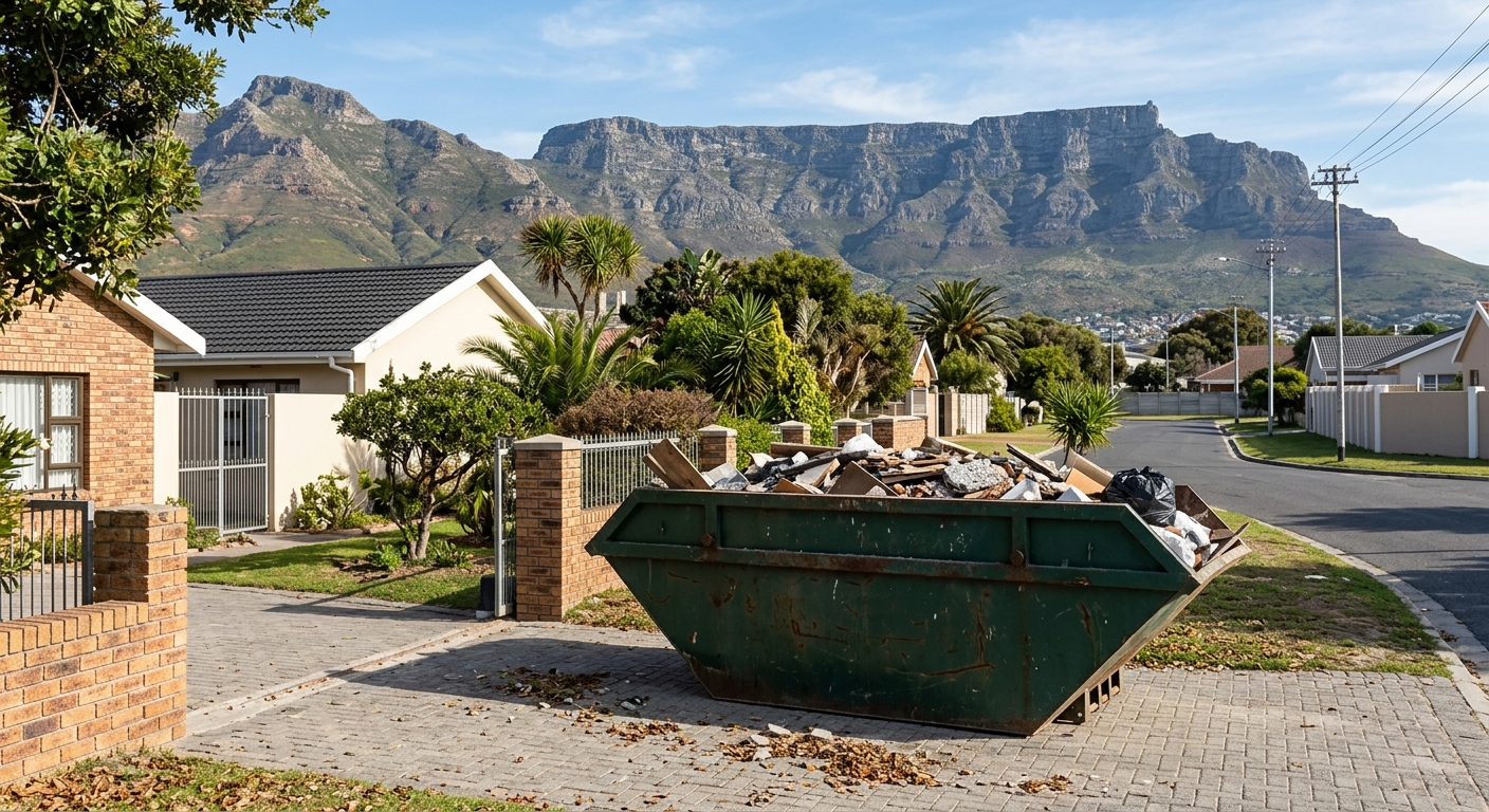 Skip Hire Mitchells Plain - large skip bin in Mitchells Plain driveway with Table Mountain backdrop | Skip Hire Cape Town