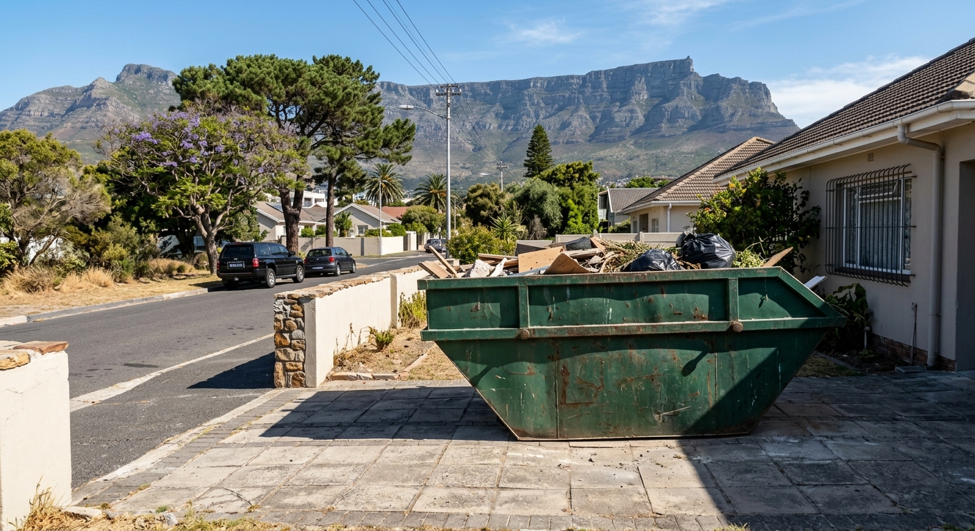 Skip Hire Montague Gardens - large skip bin in Montague Gardens driveway with Table Mountain backdrop | Skip Hire Cape Town
