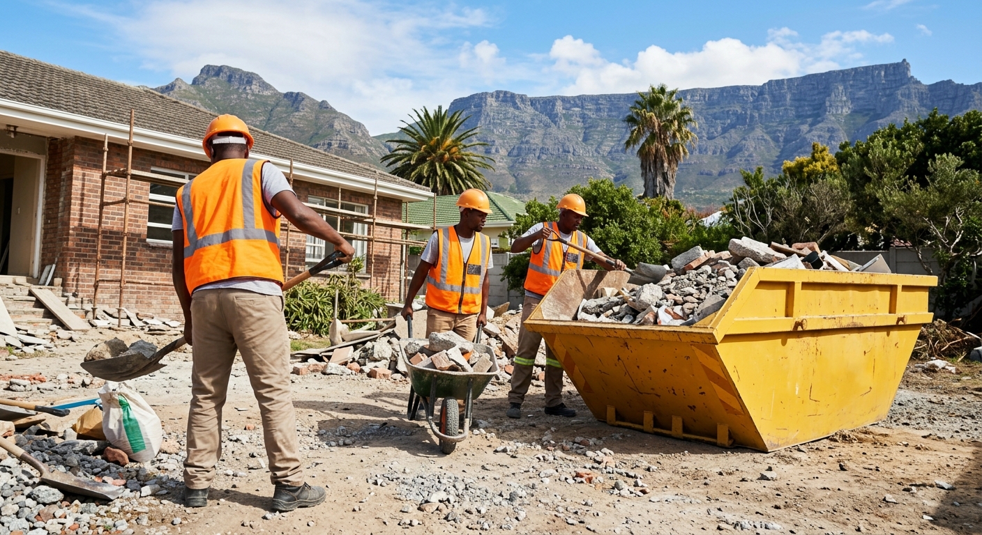 Skip Hire Montague Gardens - workers loading skip bin with rubble and waste in Montague Gardens | Skip Hire Cape Town