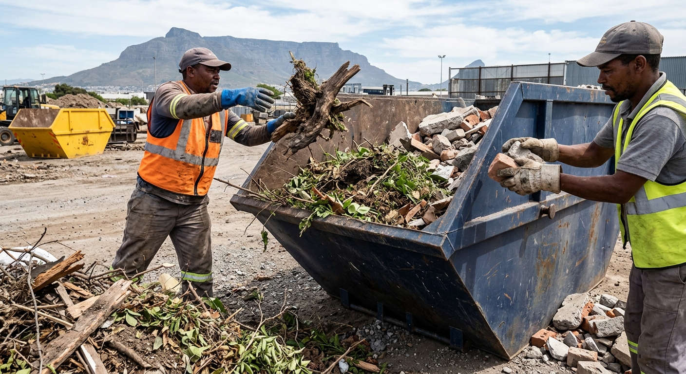 Skip Hire Montague Gardens - workers sorting garden refuse and rubble into skip bin in Montague Gardens | Skip Hire Cape Town