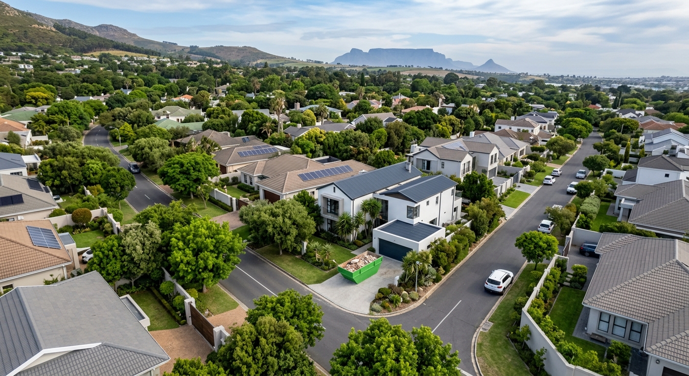 Skip Hire Northern Suburbs - aerial view of Northern Suburbs Cape Town suburb with skip bin on residential driveway | Skip Hi
