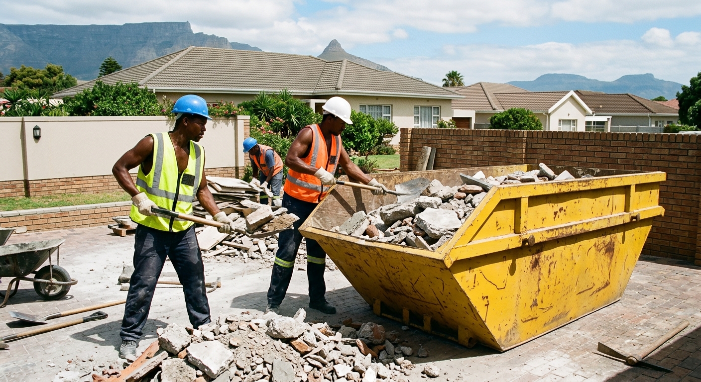 Skip Hire Northern Suburbs - workers loading skip bin with rubble and waste in Northern Suburbs Cape Town | Skip Hire Cape To