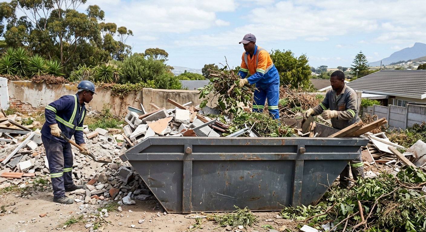Skip Hire Northern Suburbs - workers sorting garden refuse and rubble into skip bin in Northern Suburbs Cape Town | Skip Hire