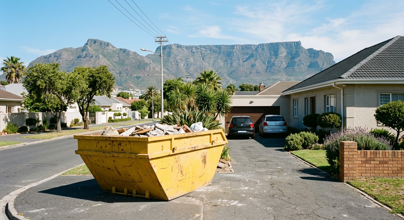 Skip Hire Parow - large skip bin in Parow driveway with Table Mountain backdrop | Skip Hire Cape Town