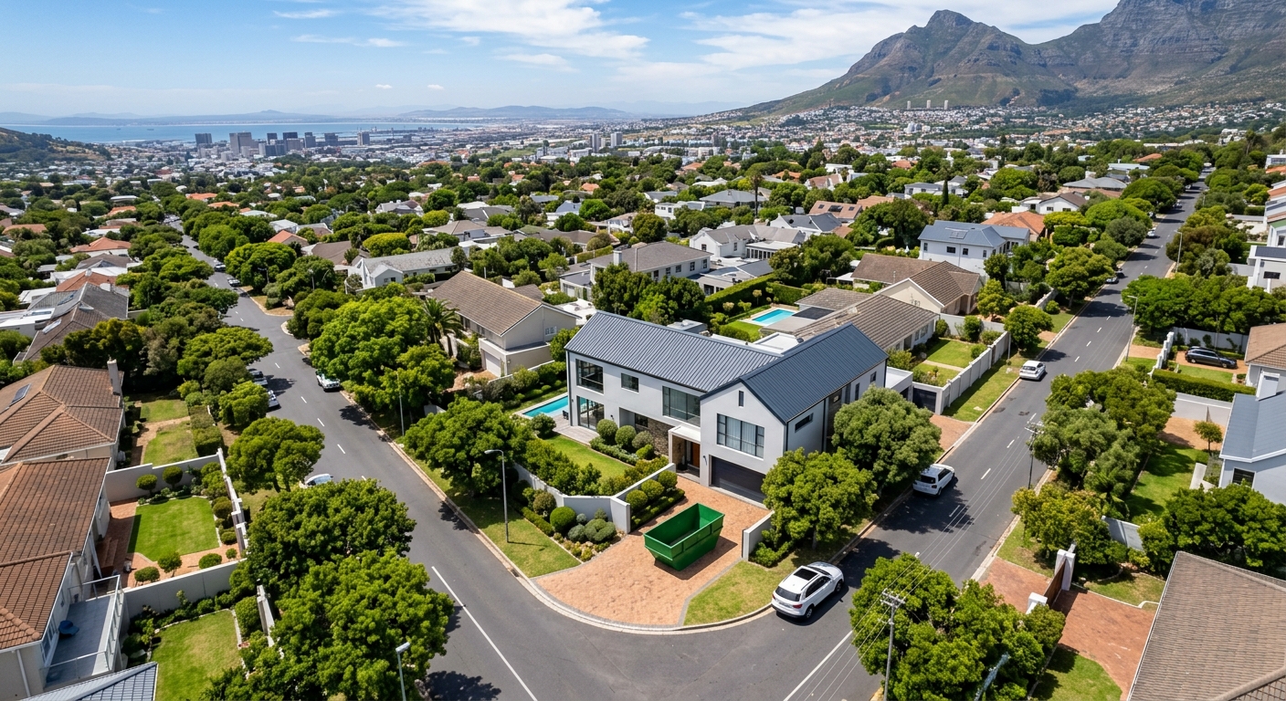 Skip Hire Plumstead - aerial view of Plumstead suburb with skip bin on residential driveway | Skip Hire Cape Town