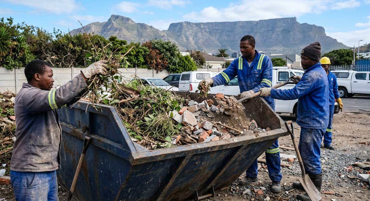 Skip Hire Plumstead - workers sorting garden refuse and rubble into skip bin in Plumstead | Skip Hire Cape Town